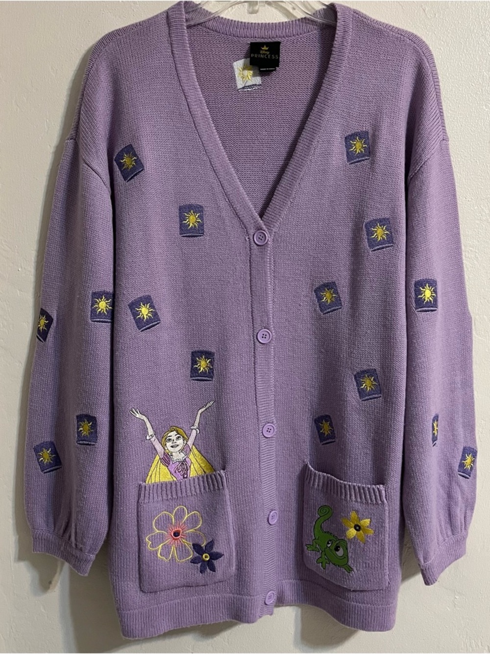 Disney Lavender Cardigan Sweater with Embroidered Rapunzel & Pascal